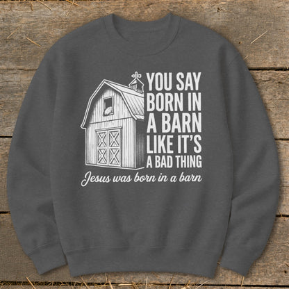 Dark gray sweatshirt with "You say born in a barn like it's a bad thing. Jesus was born in a barn." text.