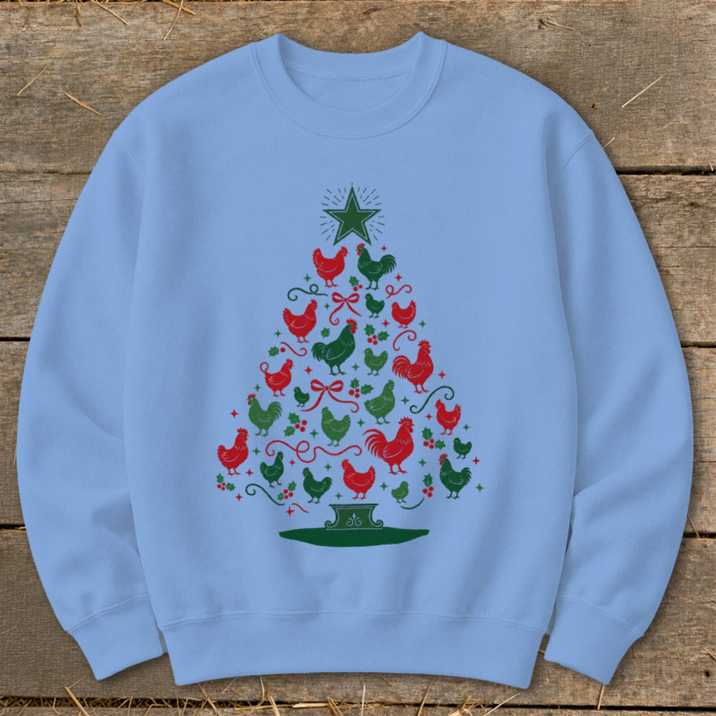 Light blue sweatshirt with a Christmas tree made of red and green chickens.