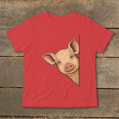 Red t-shirt with a drawing of a smiling pig peeking from the side.