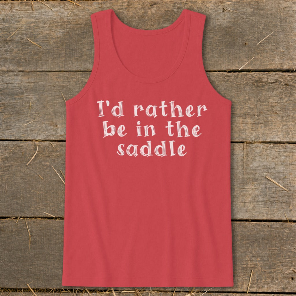 Coral tank top with white text "I'd rather be in the saddle."