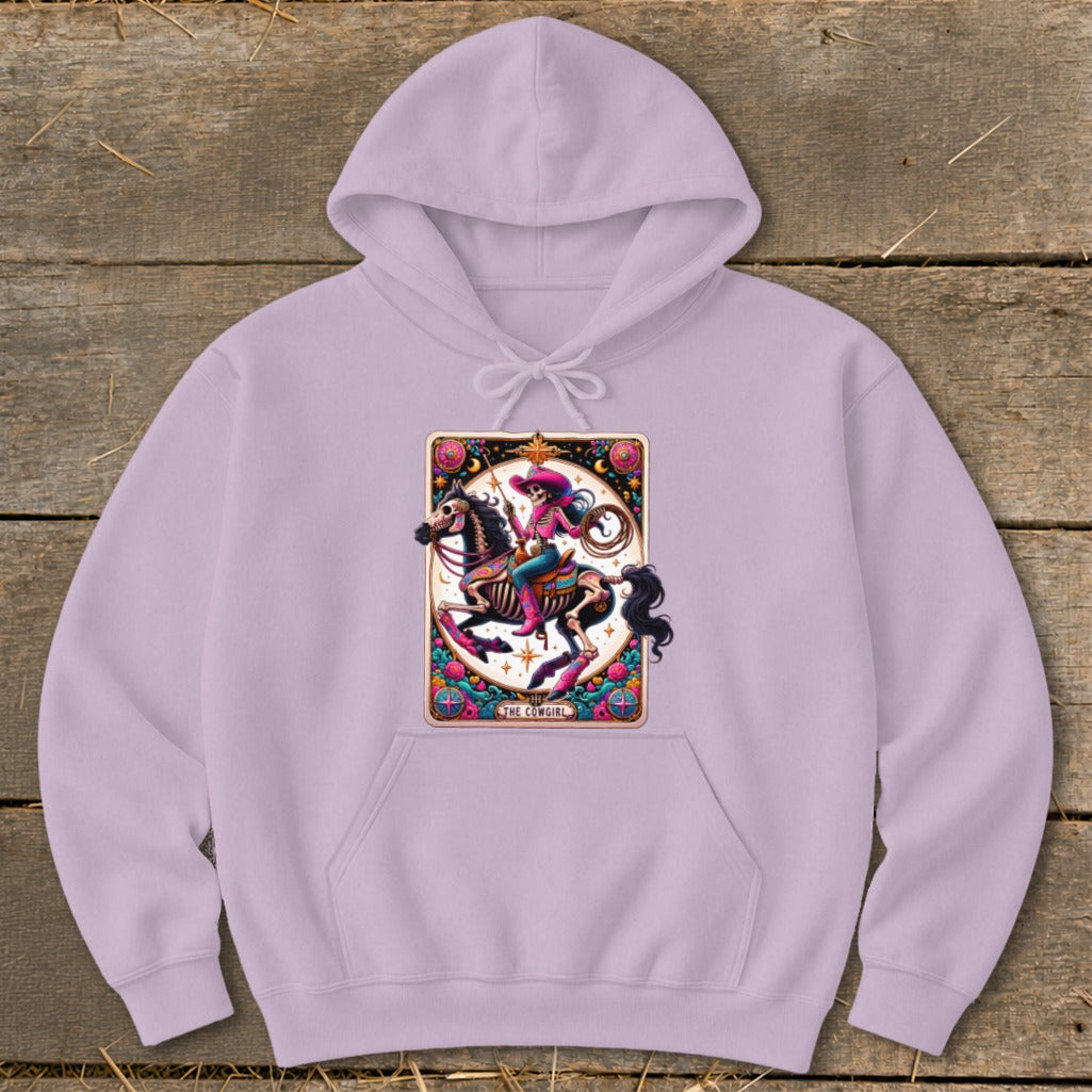 Lilac hoodie with a "The Cowgirl" tarot card graphic featuring a skeleton on a horse.