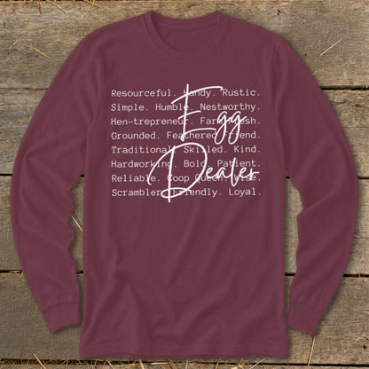 Maroon long-sleeve shirt with "Egg Dealer" and descriptive words.
