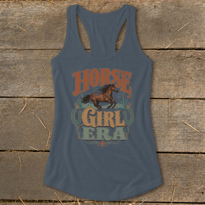 Blue tank top with "Horse Girl Era" text and a running horse graphic.