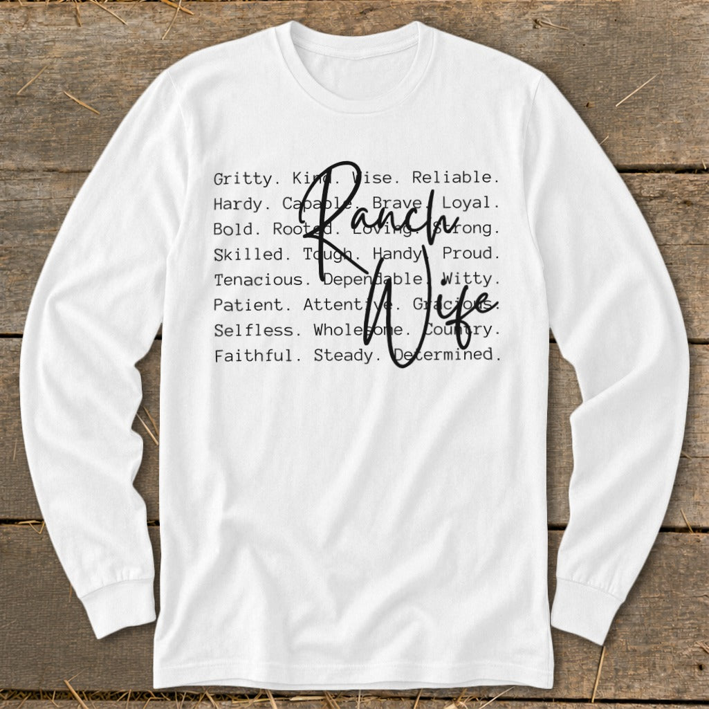 White long-sleeve shirt with "Ranch Wife" and descriptive words.
