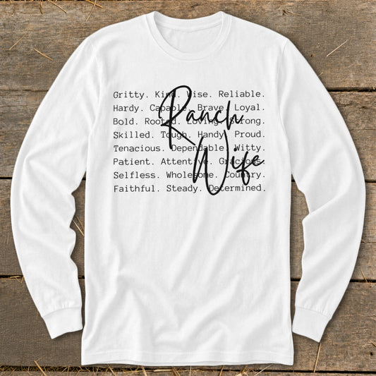 White long-sleeve shirt with "Ranch Wife" and descriptive words.