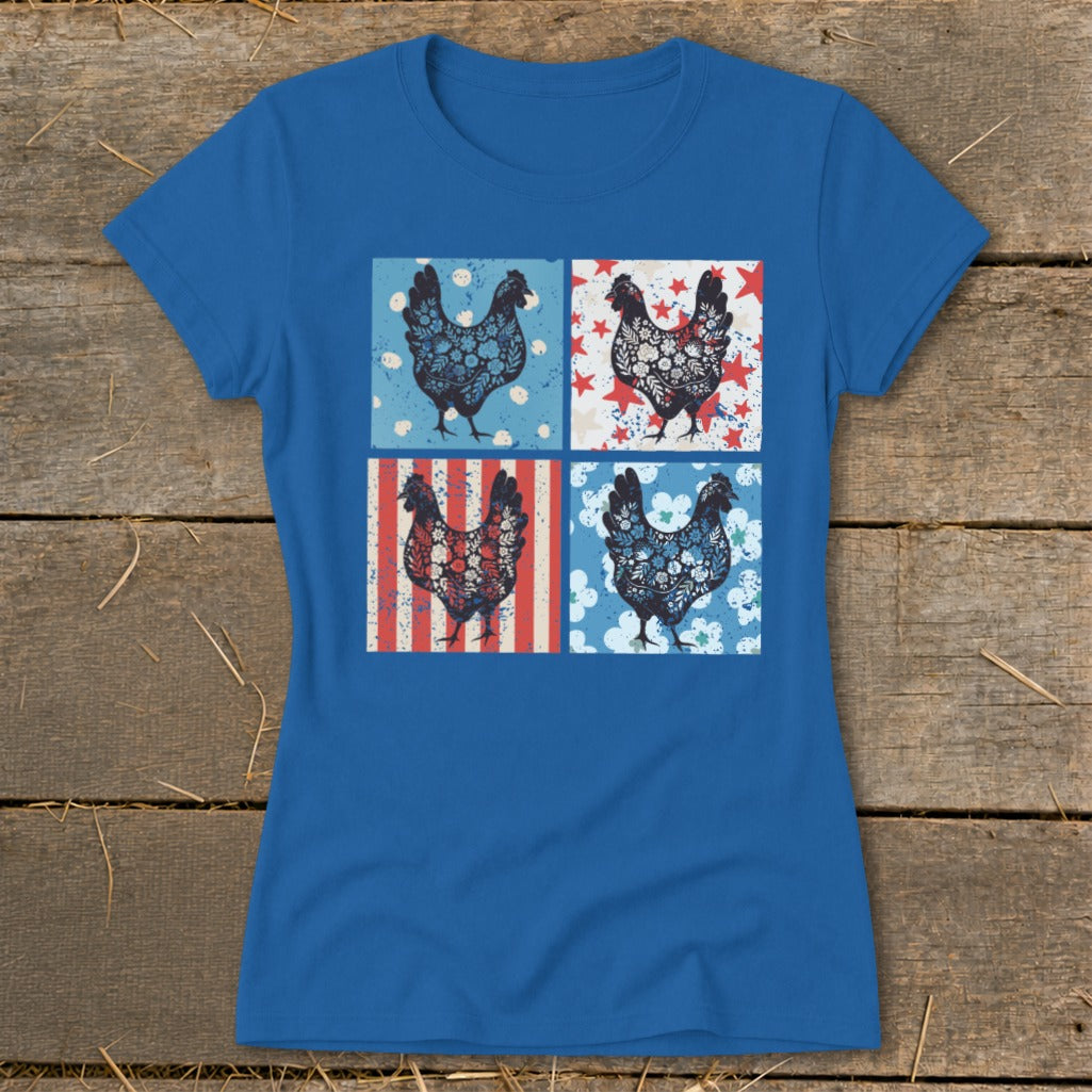 Blue t-shirt with four squares featuring a chicken graphic with floral and patriotic patterns.