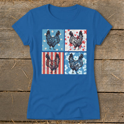 Blue t-shirt with four squares featuring a chicken graphic with floral and patriotic patterns.