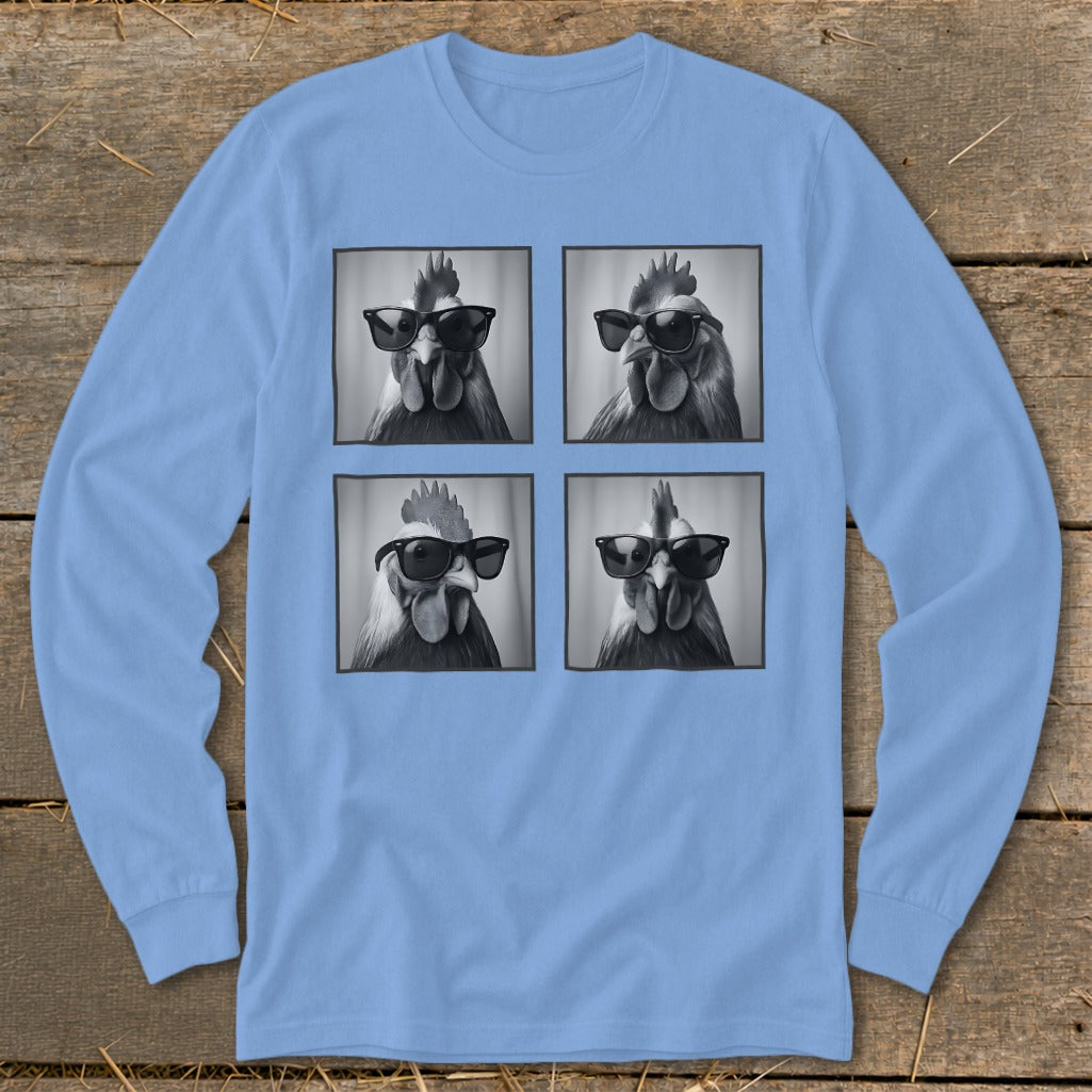 Four black and white close-ups of roosters wearing sunglasses on a light blue long-sleeve shirt.