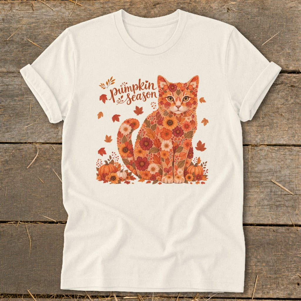 Cream t-shirt with a cat made of autumn leaves and flowers, text reads "Pumpkin season."