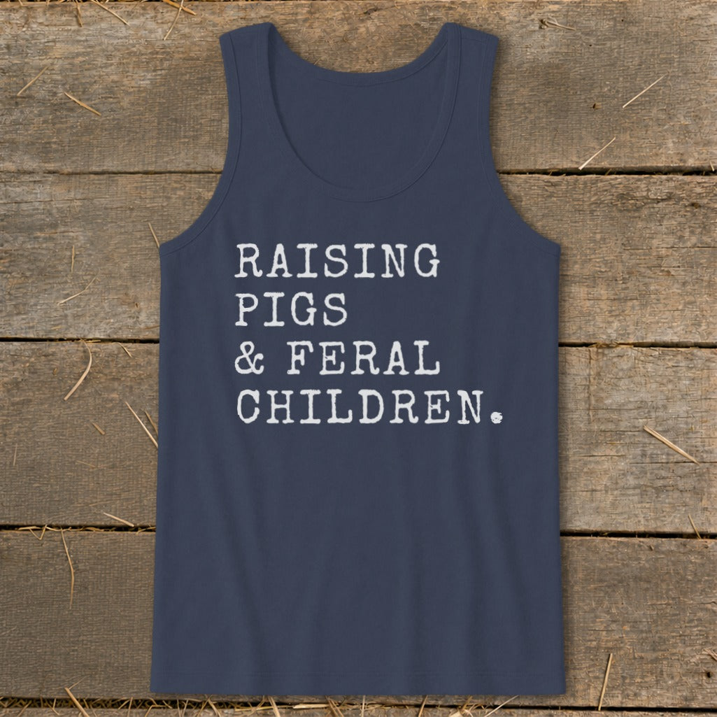 Navy tank top with white text reading "Raising Pigs & Feral Children."