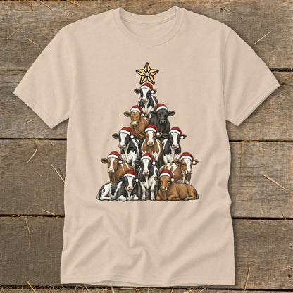 Christmas tree made of cows wearing Santa hats, topped with a star.