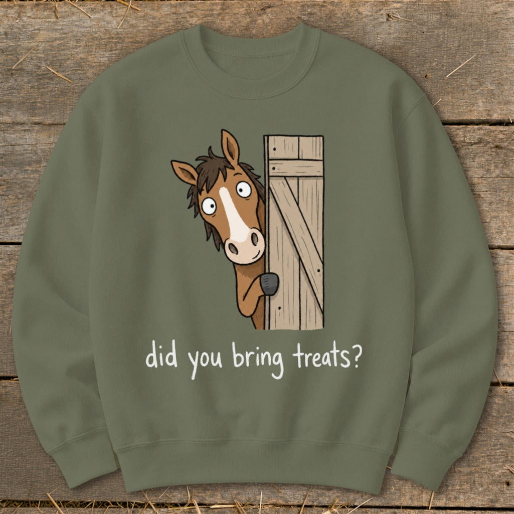 Green sweatshirt with cartoon horse peeking from behind barn door asking "did you bring treats?".