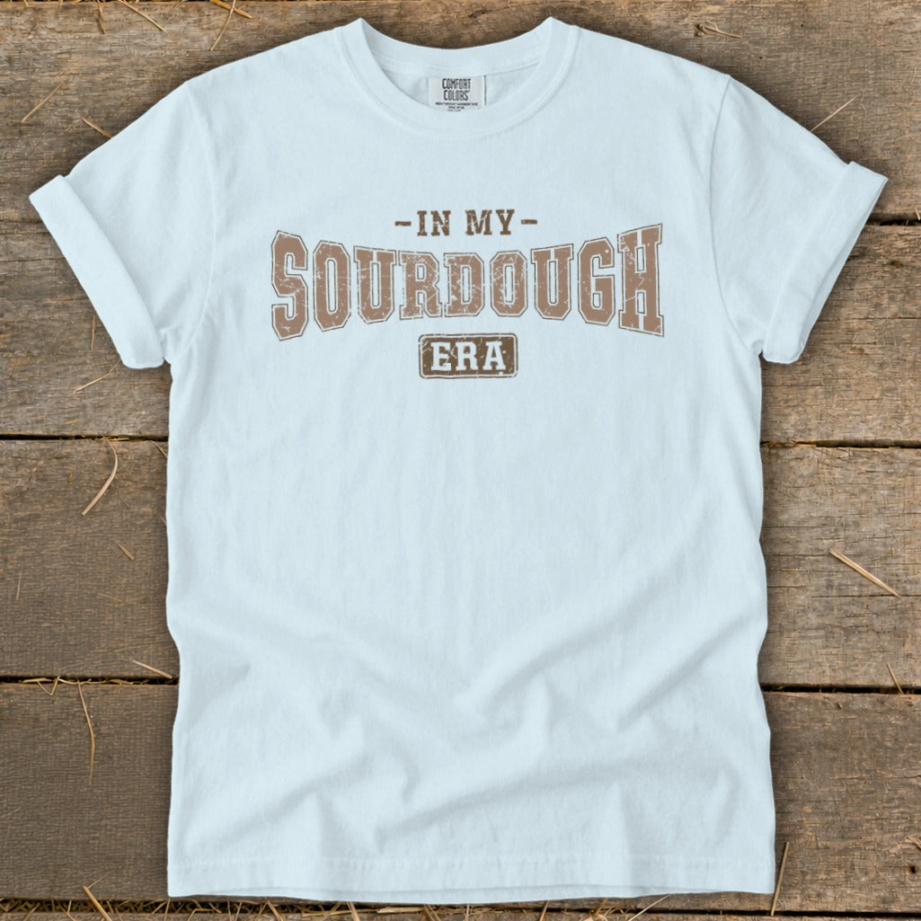 White t-shirt with brown text that reads "In My Sourdough Era".