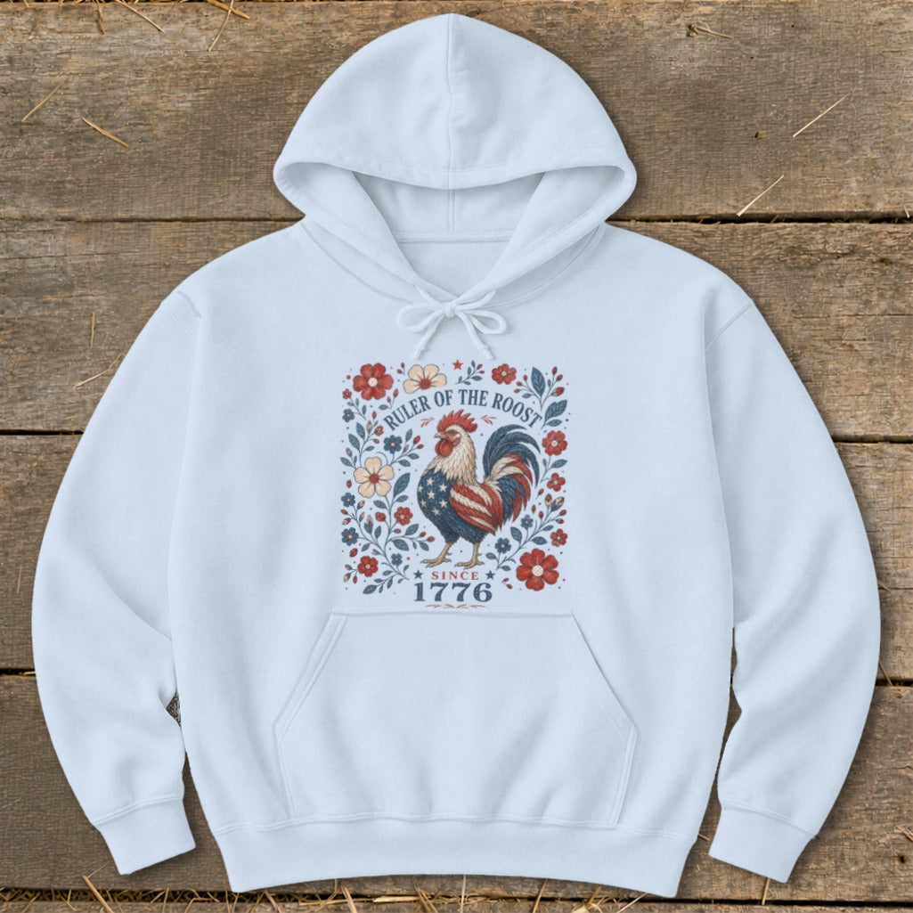 White hoodie with patriotic rooster design and "Ruler of the Roost Since 1776" text.