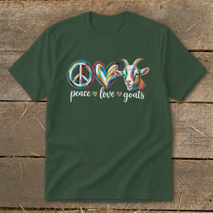 Green t-shirt with peace, love, and goats graphic and text.