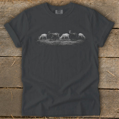 Charcoal t-shirt with five goats grazing in a field graphic.
