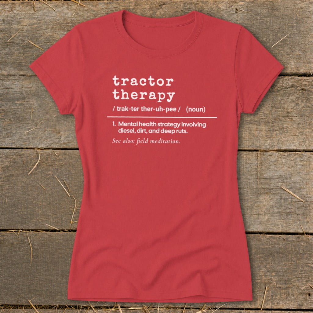 Red t-shirt with "Tractor Therapy" definition in white text.