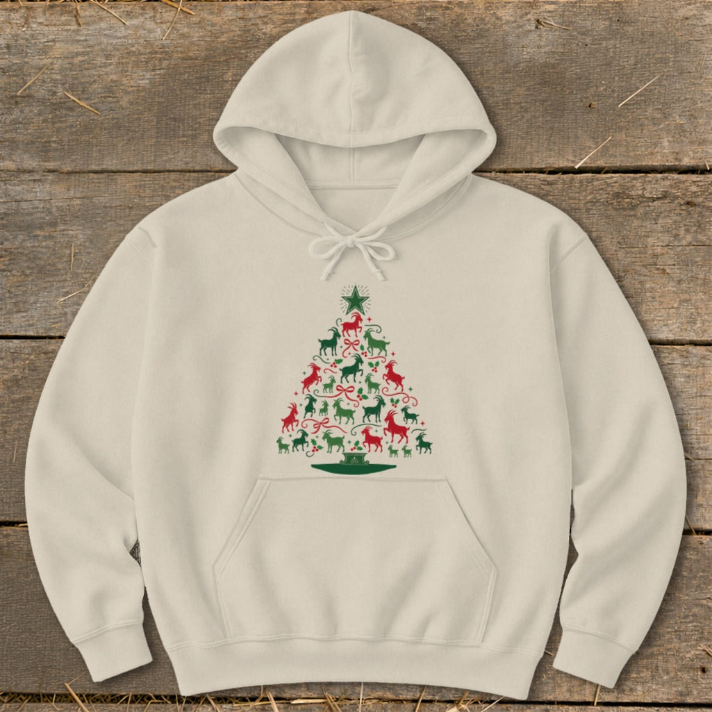 Cream hoodie with a Christmas tree made of red and green goats.
