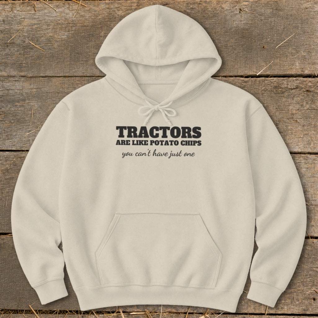 Cream hoodie with "Tractors are like potato chips you can't have just one" text.