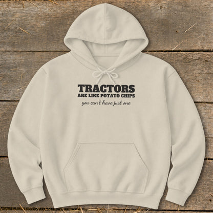 Cream hoodie with "Tractors are like potato chips you can't have just one" text.