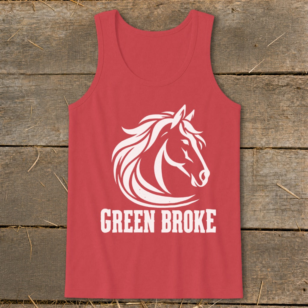 A red tank top featuring a white horse head graphic above the text GREEN BROKE.