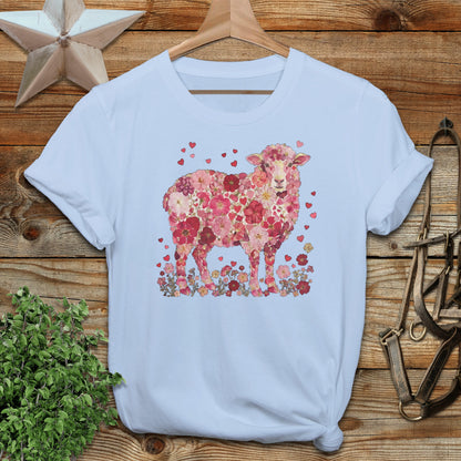 Floral Lamb Design T-Shirt with Heart Accents