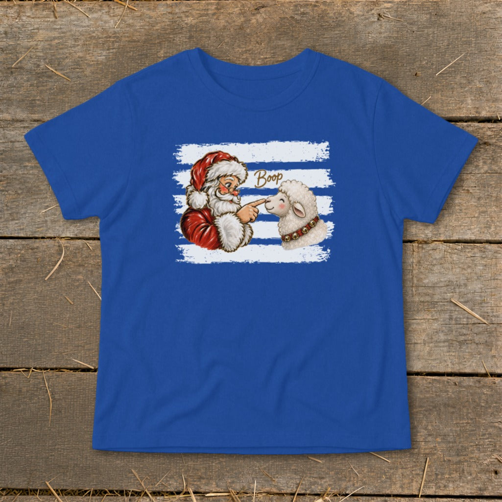 Santa booping a sheep with the word "Boop" on a blue t-shirt.