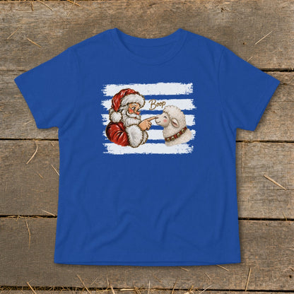 Santa booping a sheep with the word "Boop" on a blue t-shirt.