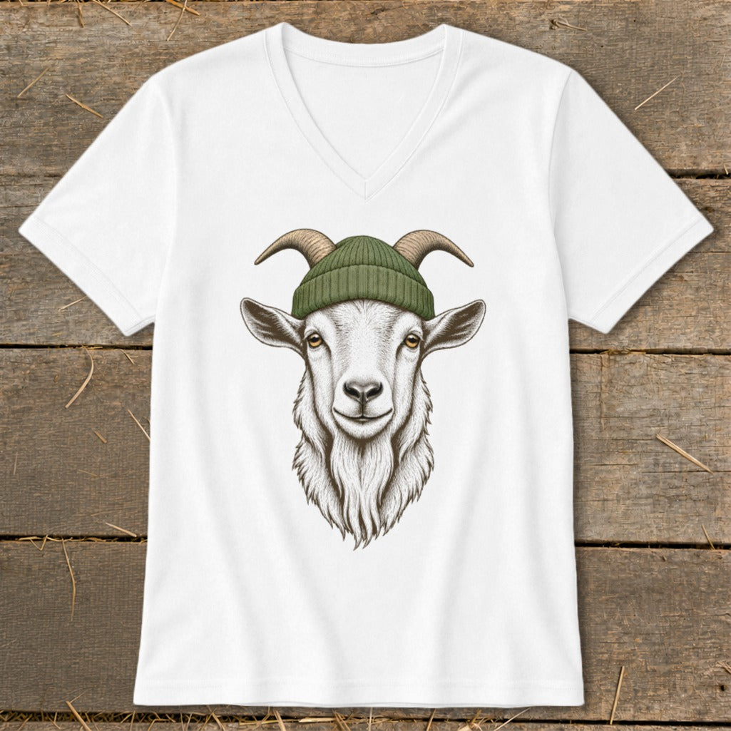 White v-neck t-shirt featuring a drawing of a goat wearing a green beanie.