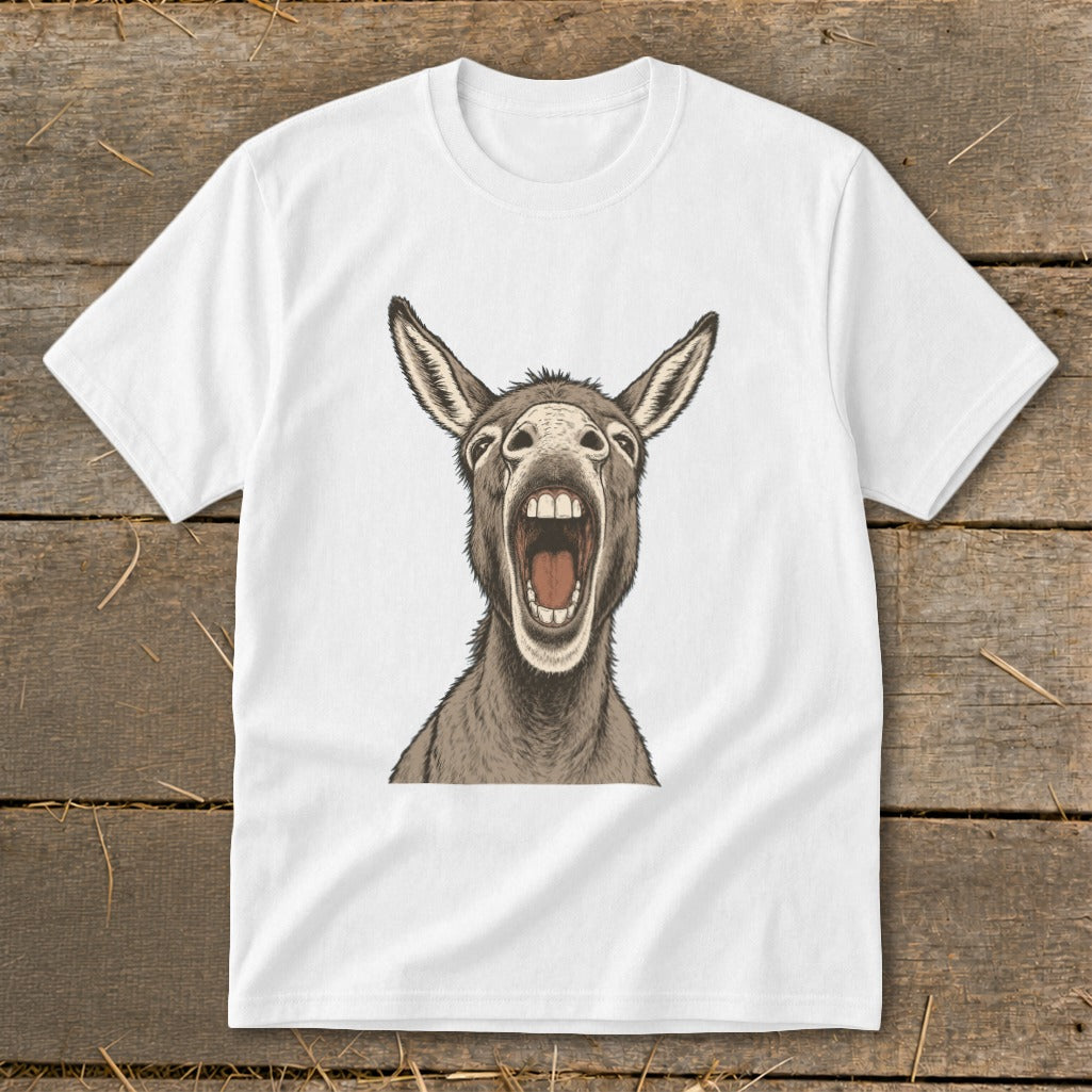 White t-shirt with drawing of a donkey's head with its mouth wide open.