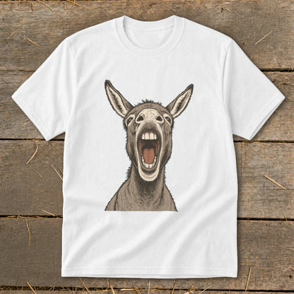 White t-shirt with drawing of a donkey's head with its mouth wide open.