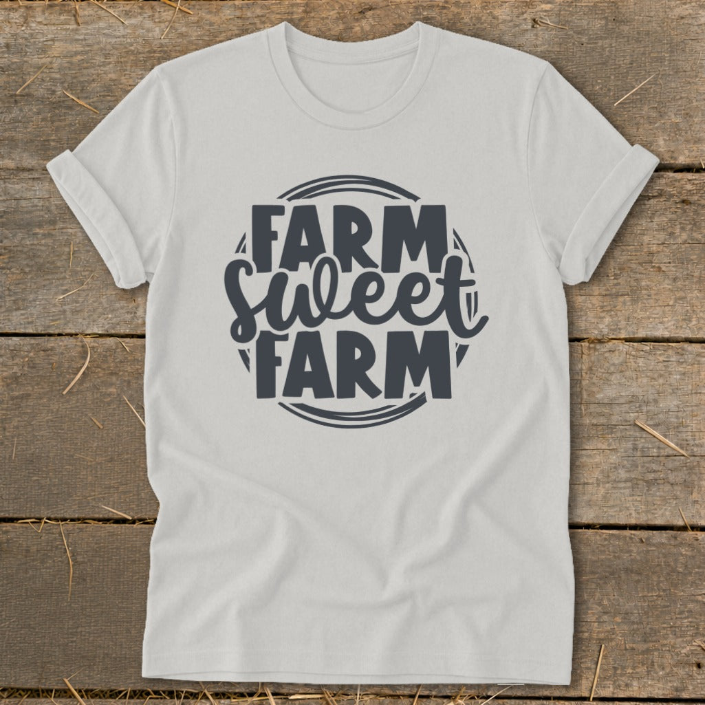 Light gray t-shirt with "FARM Sweet FARM" text in a circular graphic.