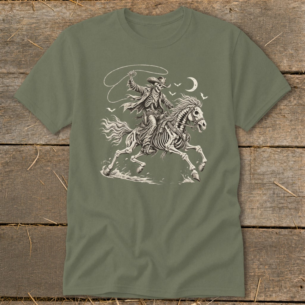 Skeleton cowboy riding horse with lasso under crescent moon and birds.