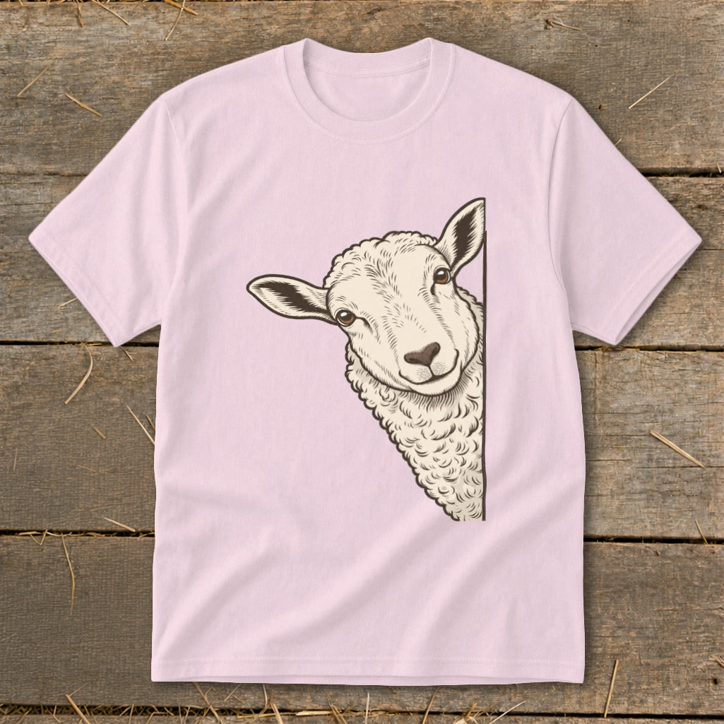 Light pink t-shirt with a sheep illustration peeking from the side.