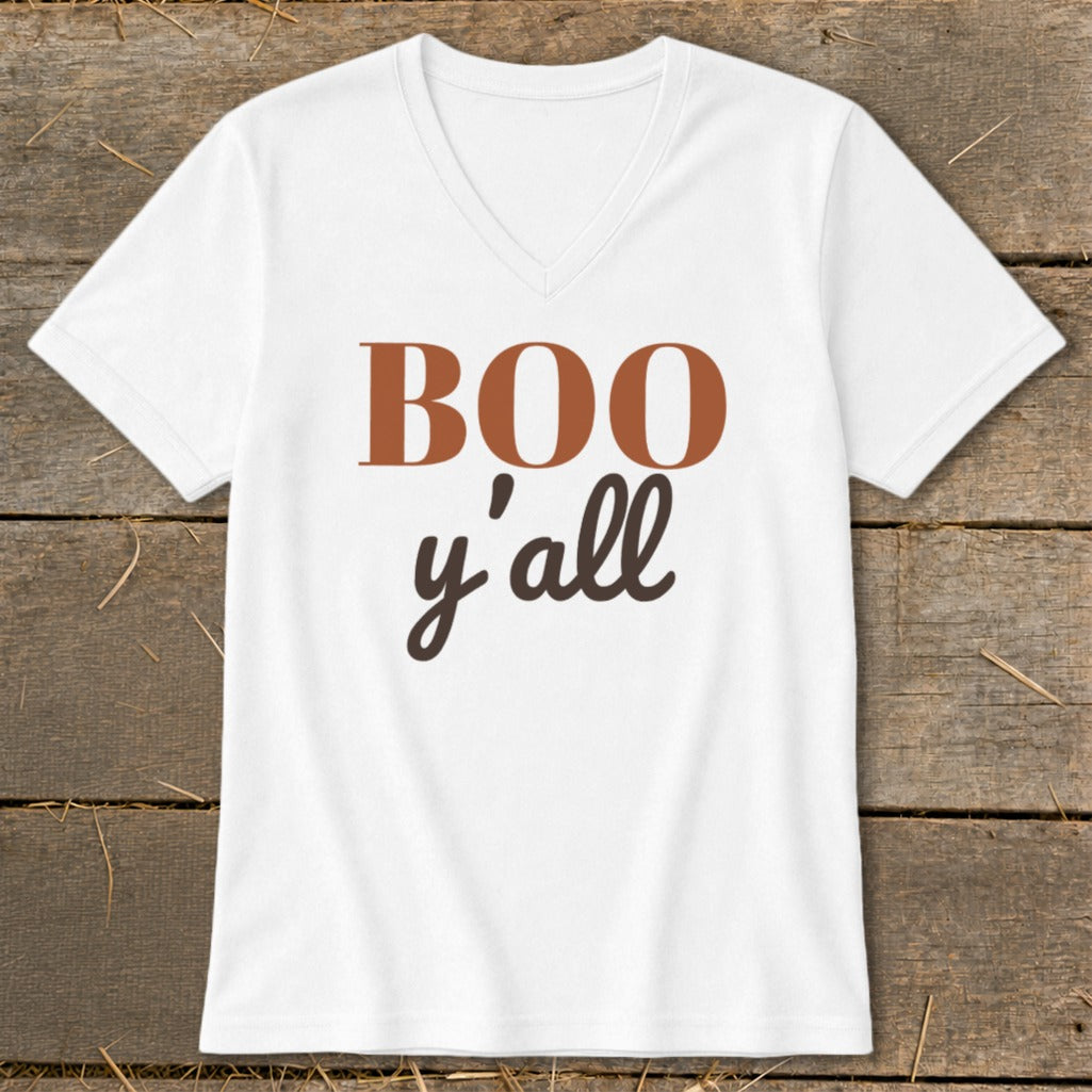 White v-neck t-shirt with "BOO y'all" text in brown and copper.