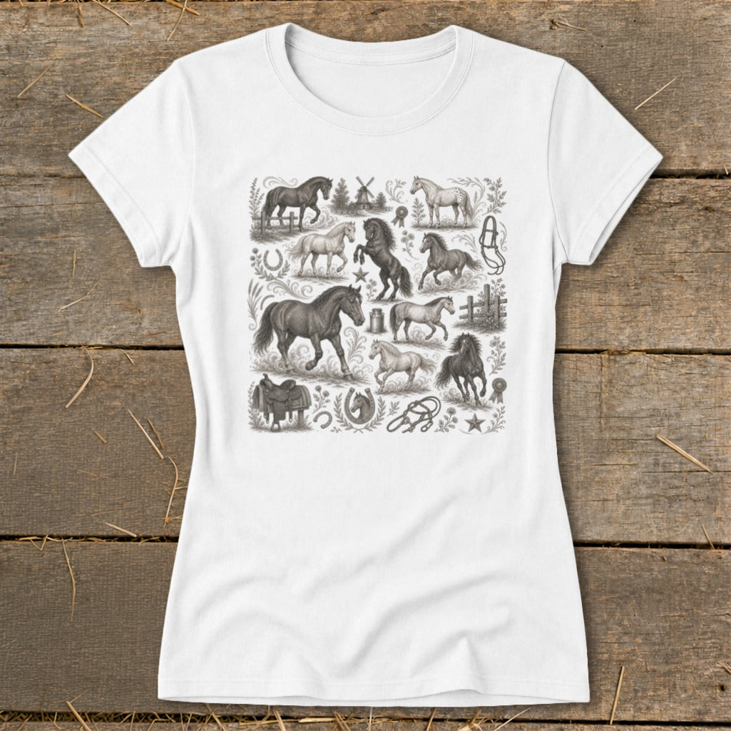 White t-shirt with a detailed grayscale illustration of horses and equestrian elements.