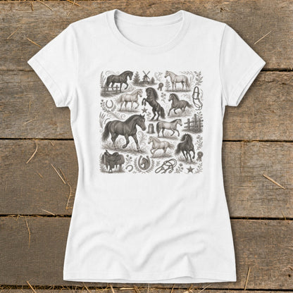 White t-shirt with a detailed grayscale illustration of horses and equestrian elements.