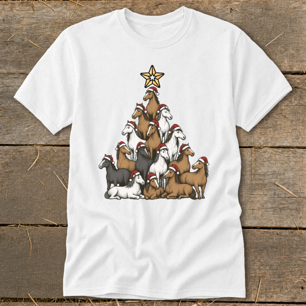 Christmas tree made of horses wearing Santa hats, topped with a star.