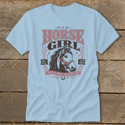 Light blue t-shirt with "Horse Girl" text, a horse head graphic, and "Ride Bold Live Wild" slogan.