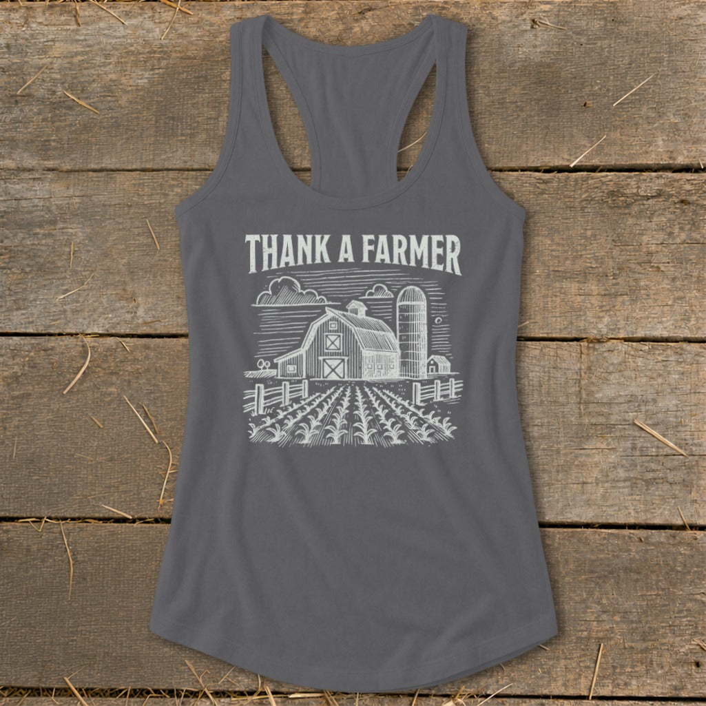 Gray tank top with white "Thank A Farmer" text and barn graphic.
