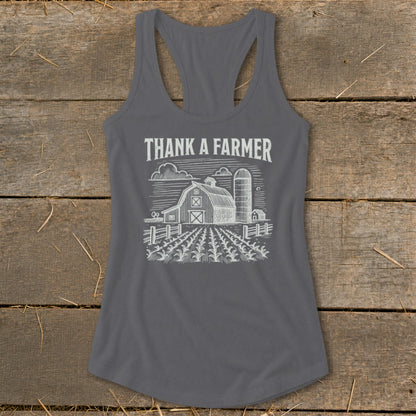 Gray tank top with white "Thank A Farmer" text and barn graphic.