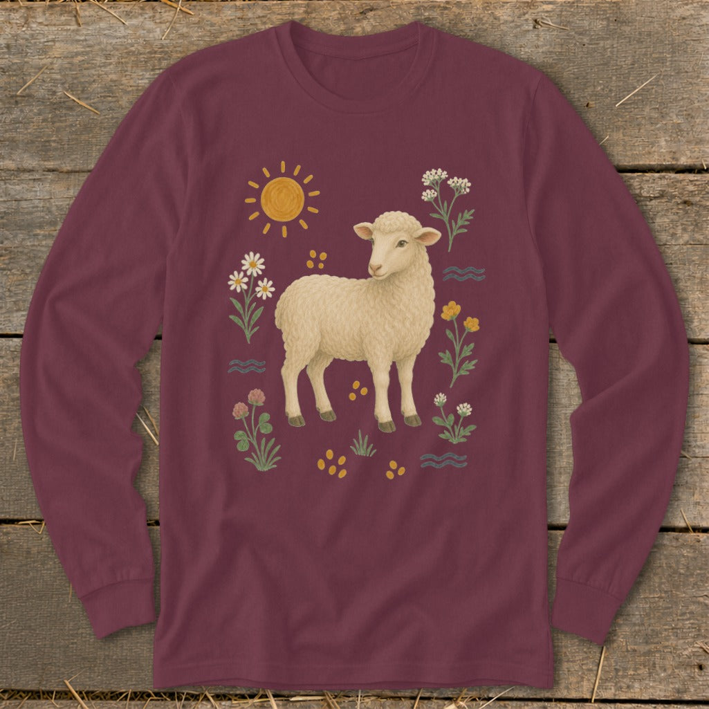 Maroon long-sleeve shirt with a cream sheep and floral sun illustration.