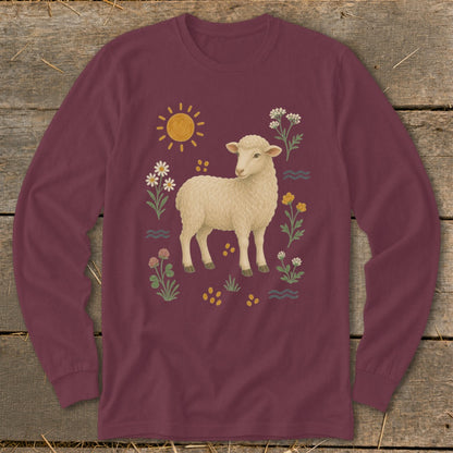 Maroon long-sleeve shirt with a cream sheep and floral sun illustration.
