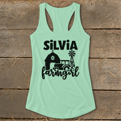 Mint green tank top with "SILVIA farmgirl" and barn, tractor, windmill graphics.