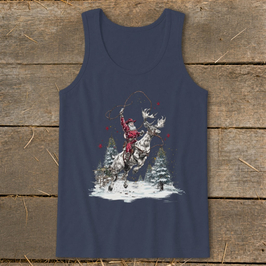 Santa Claus riding a reindeer with a lasso in a snowy forest scene.