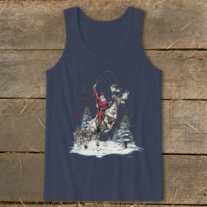 Santa Claus riding a reindeer with a lasso in a snowy forest scene.