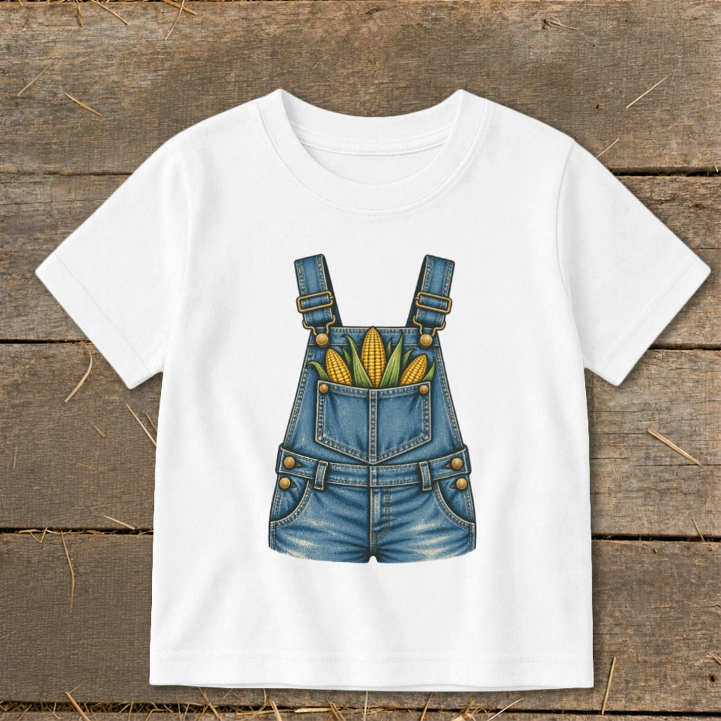 White t-shirt with illustration of denim overalls filled with corn cobs.