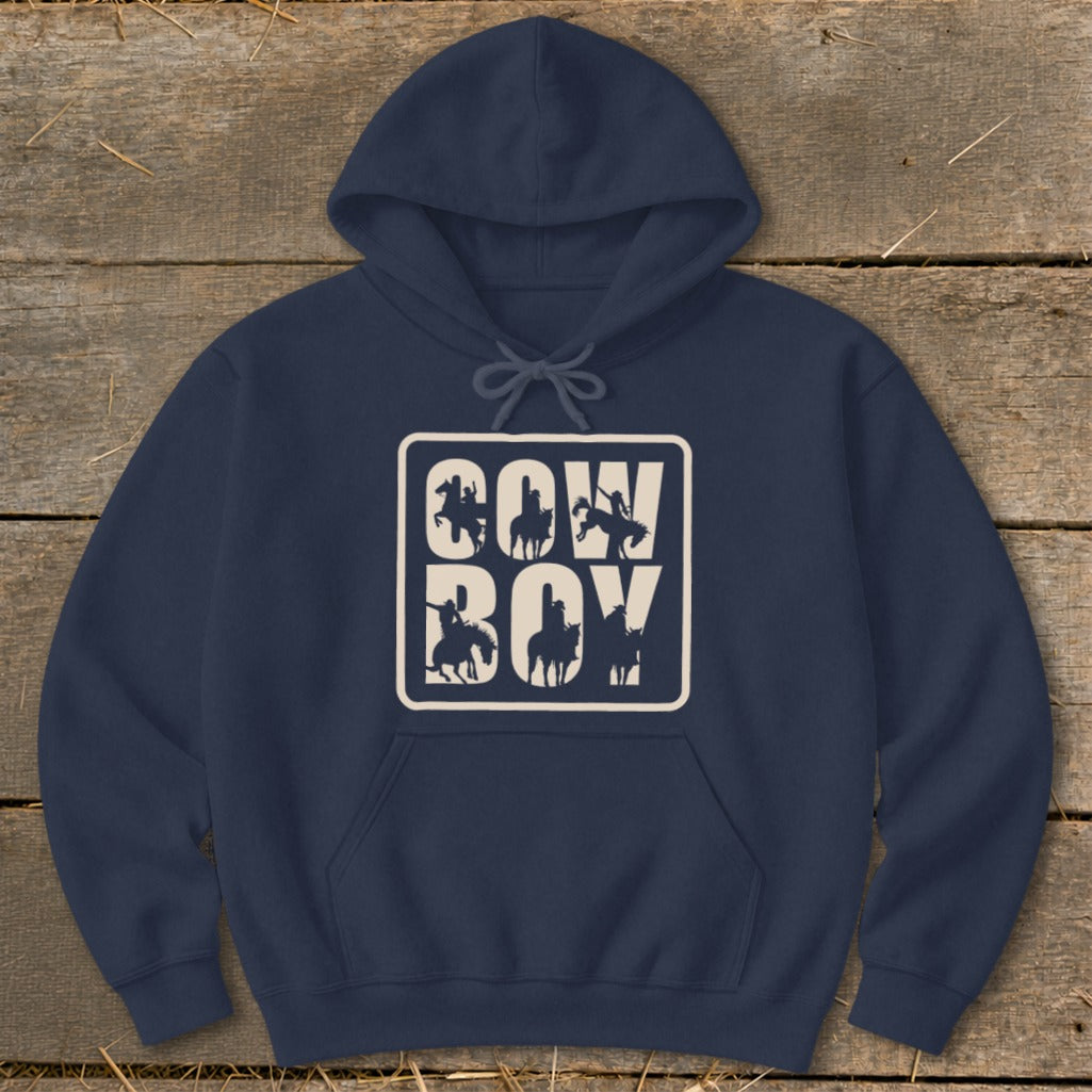 Navy hoodie with white "COW BOY" text and cowboy silhouettes in each letter.