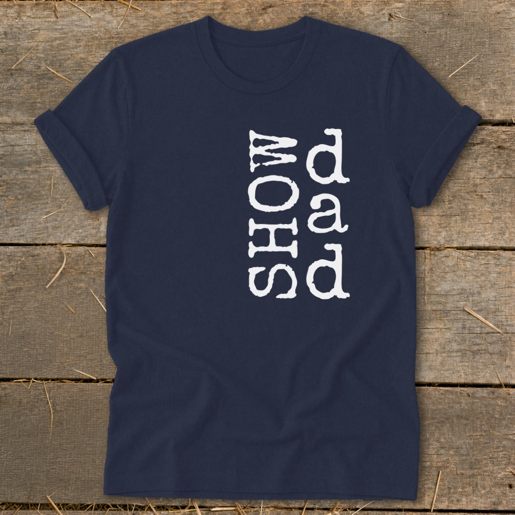 Navy t-shirt with white "SHOW" and "dad" text vertically printed.