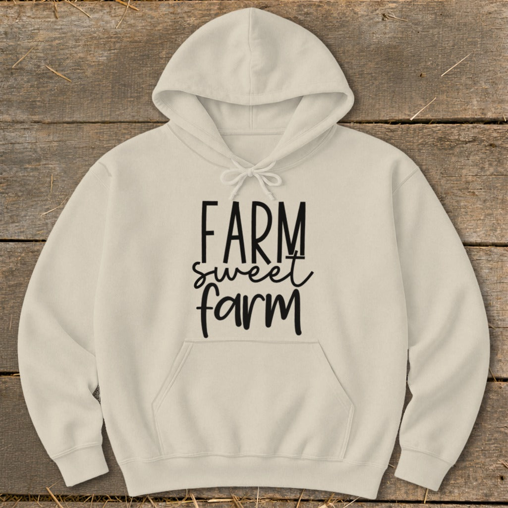 Cream hoodie with "FARM sweet farm" text in black lettering.